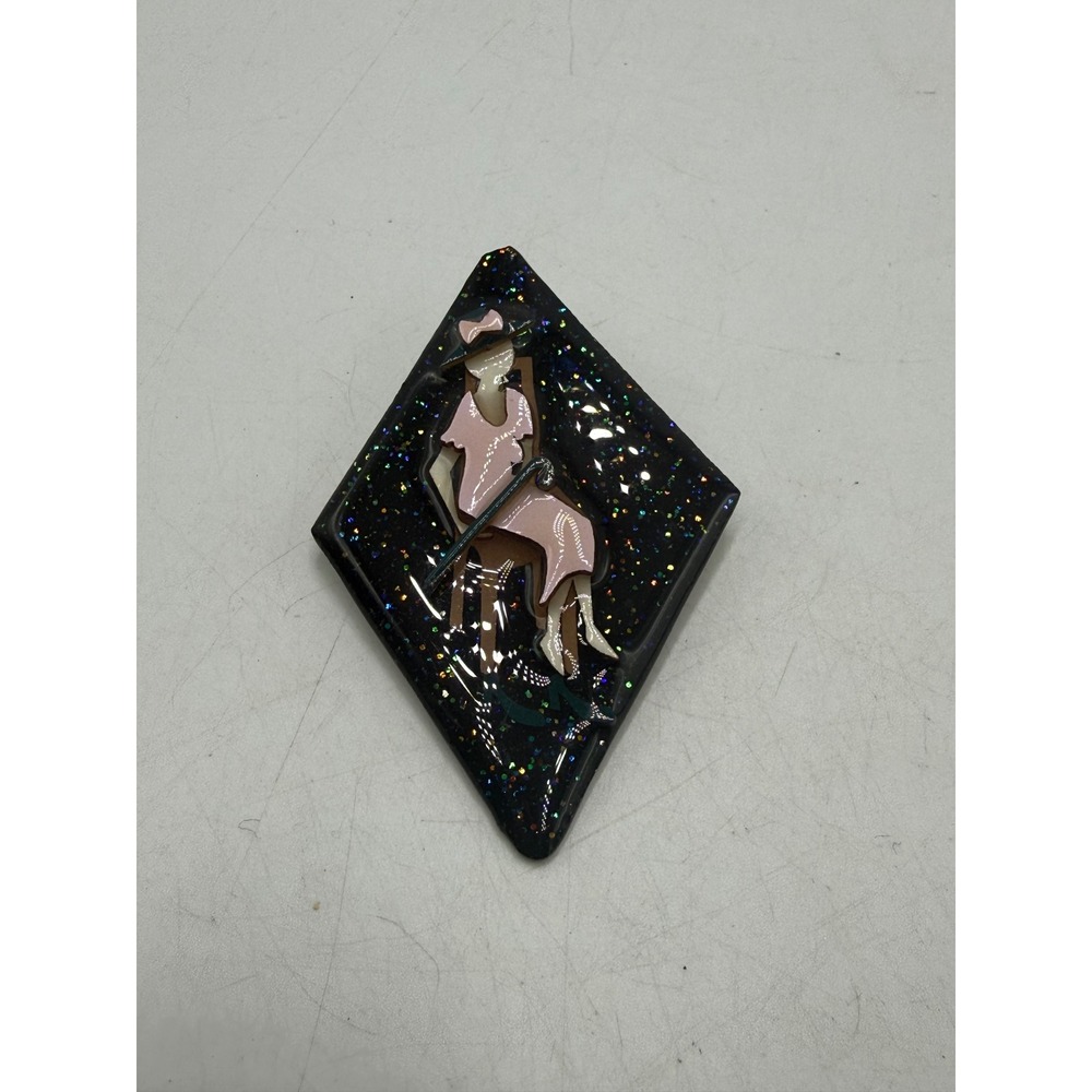 Woman Pins by Lucinda Art Deco Lady Pink Dress Black Glitter Resin Brooch Pin
